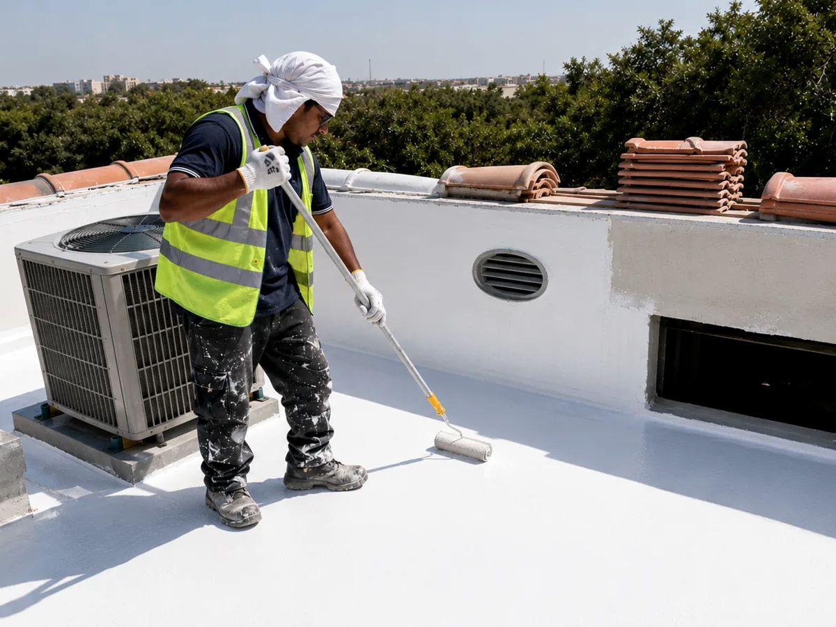 Nexar applicator rolling waterproofing onto a villa roof