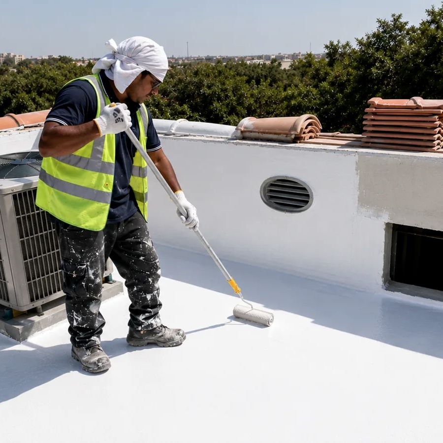 Nexar applicator rolling waterproofing onto a villa roof